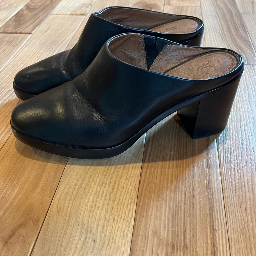 Frye Black Slides with Heels.